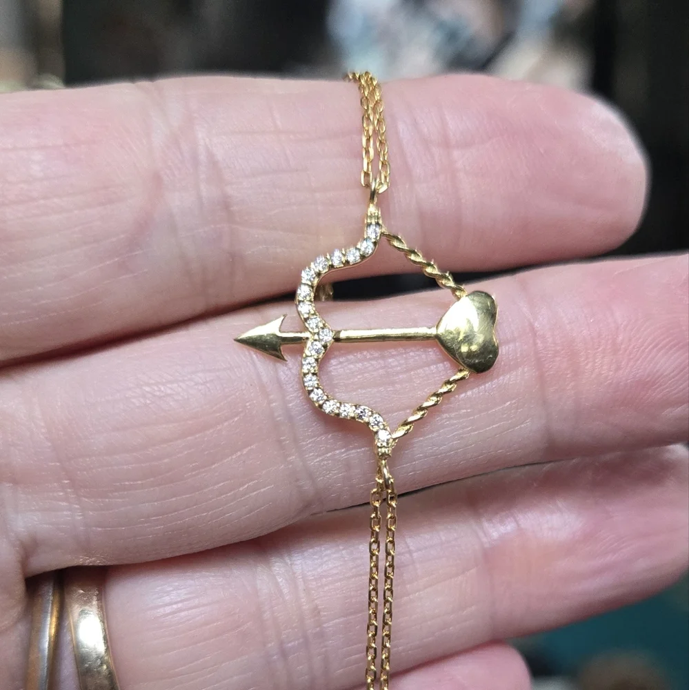 White Sapphire Sterling & Gold Arrow Heart Bracelet 14" - Picture 2 of 9